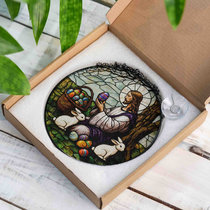 Jesus with Easter Eggs and Bunnies Stained Glass Suncatcher Window Hanging Decor