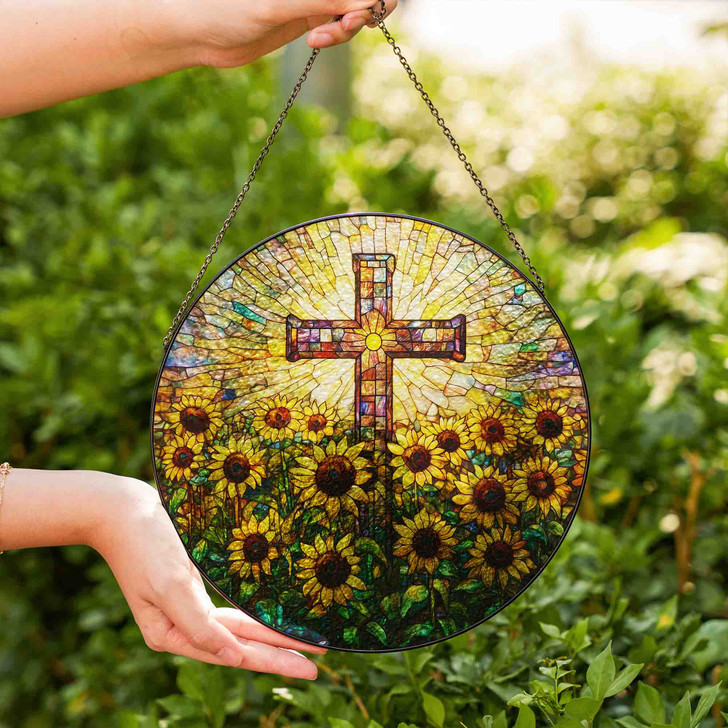 Sunflower Field and Cross Stained Glass Suncatcher Window Hanging Christian Decor