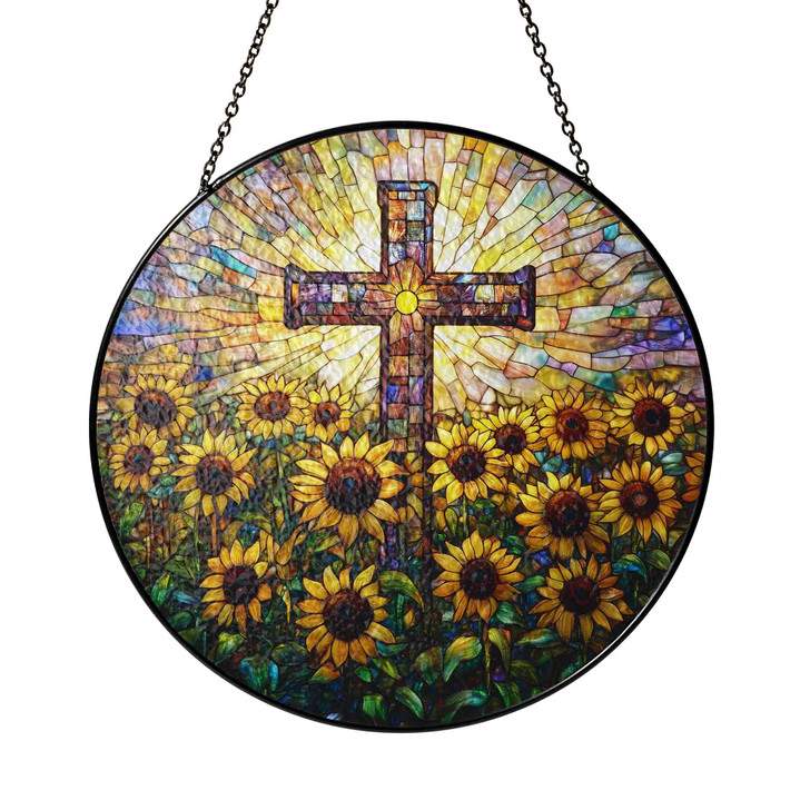 Sunflower Field and Cross Stained Glass Suncatcher Window Hanging Christian Decor