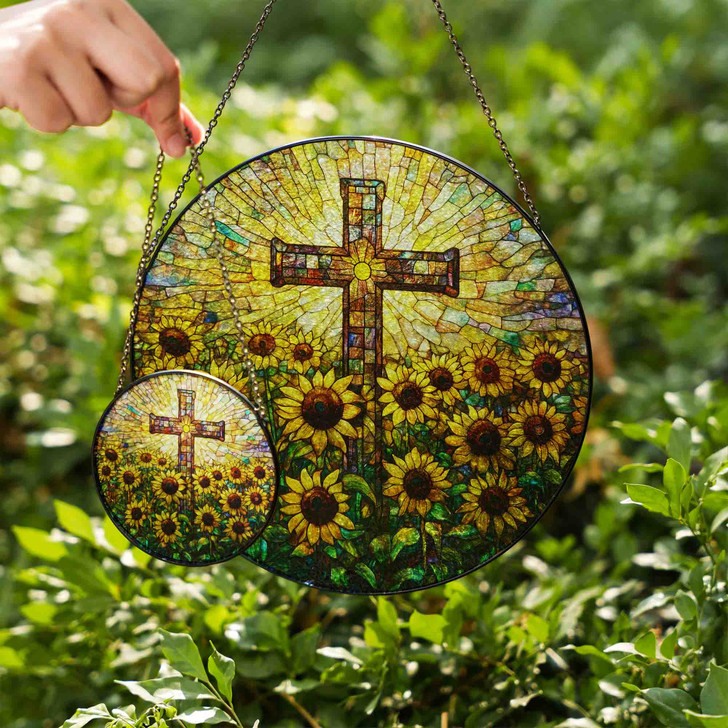 Sunflower Field and Cross Stained Glass Suncatcher Window Hanging Christian Decor