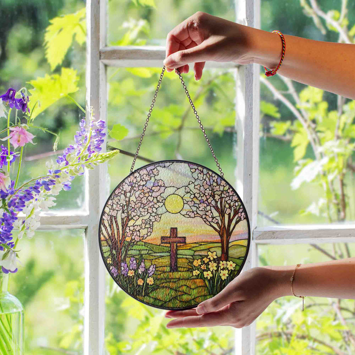 Spring Cross with Blossoms Stained Glass Suncatcher Window Hanging Christian Decor