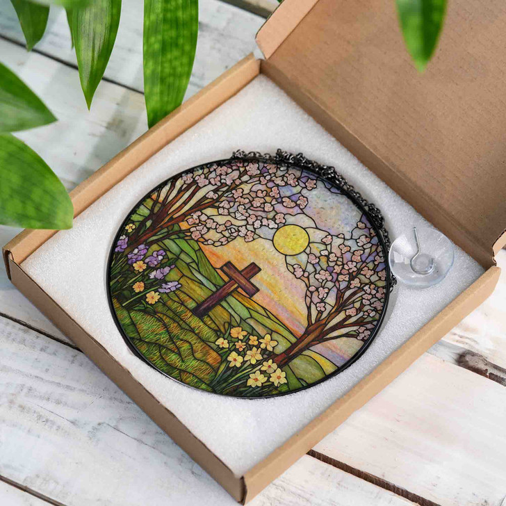 Spring Cross with Blossoms Stained Glass Suncatcher Window Hanging Christian Decor