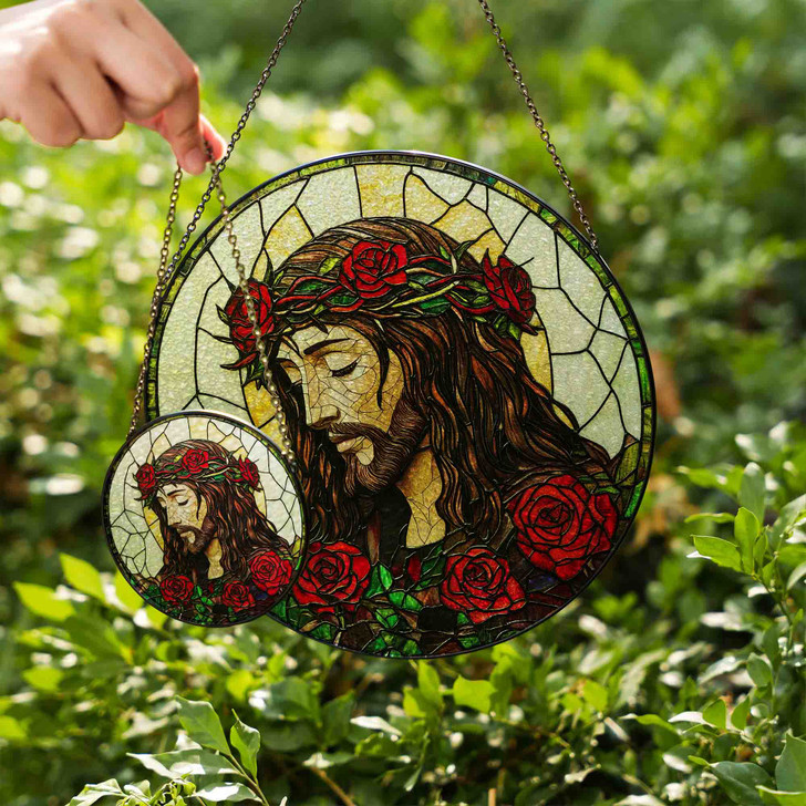 Jesus with Crown of Thorns and Roses Stained Glass Suncatcher | Christian Window Hanging Easter Decor