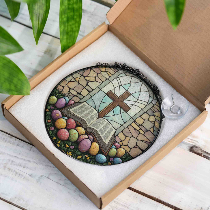 Easter Cross and Bible Stained Glass Suncatcher Christian Window Hanging Decor Religious Spring Gift
