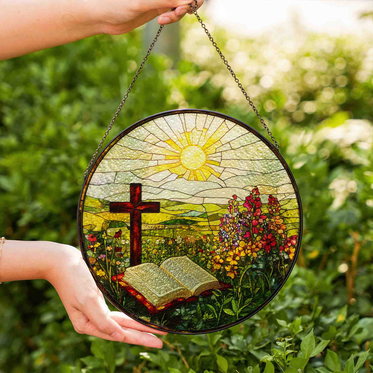 Bible and Cross Stained Glass Suncatcher Christian Window Hanging Religious Gift for Easter and Spring Decor