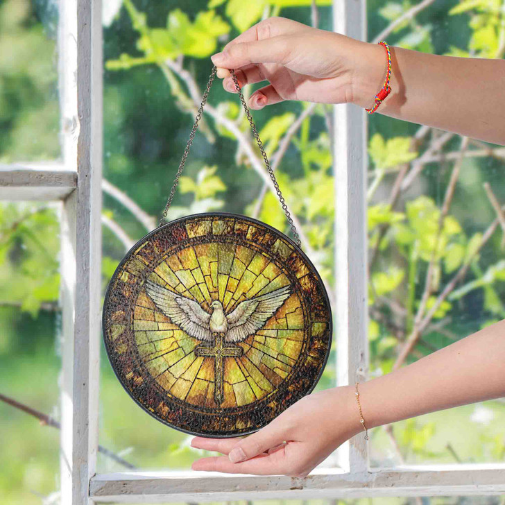 Holy Spirit Dove and Cross Stained Glass Suncatcher Christian Window Hanging Religious Gift for Easter and Baptism