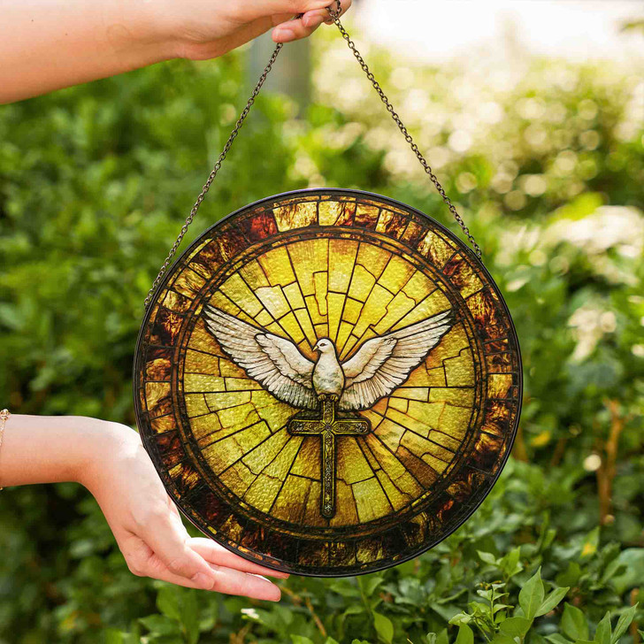 Holy Spirit Dove and Cross Stained Glass Suncatcher Christian Window Hanging Religious Gift for Easter and Baptism