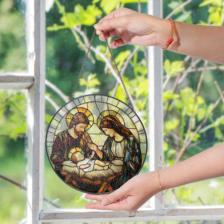 Nativity Scene Stained Glass Suncatcher Christian Window Hanging Religious Christmas Gift with Holy Family