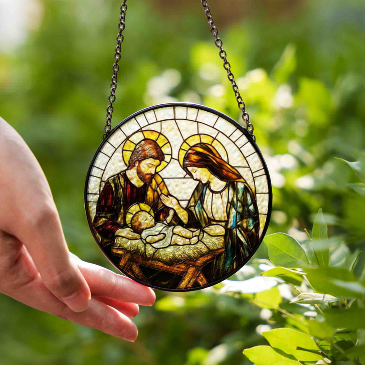 Nativity Scene Stained Glass Suncatcher Christian Window Hanging Religious Christmas Gift with Holy Family