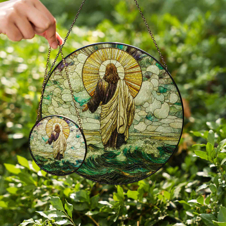 Jesus Walking on Water Stained Glass Suncatcher Christian Window Hanging Religious Gift with Ocean Waves