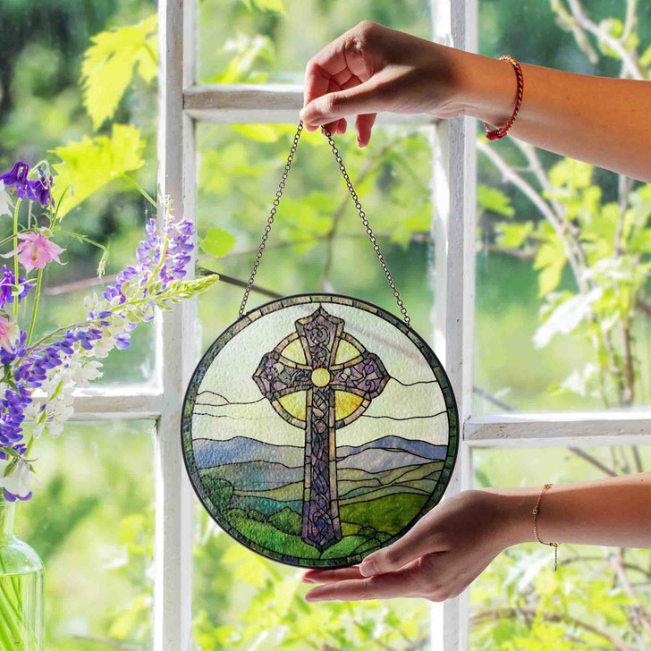 Celtic Cross Stained Glass Suncatcher Christian Window Hanging Religious Gift with Mountain Landscape