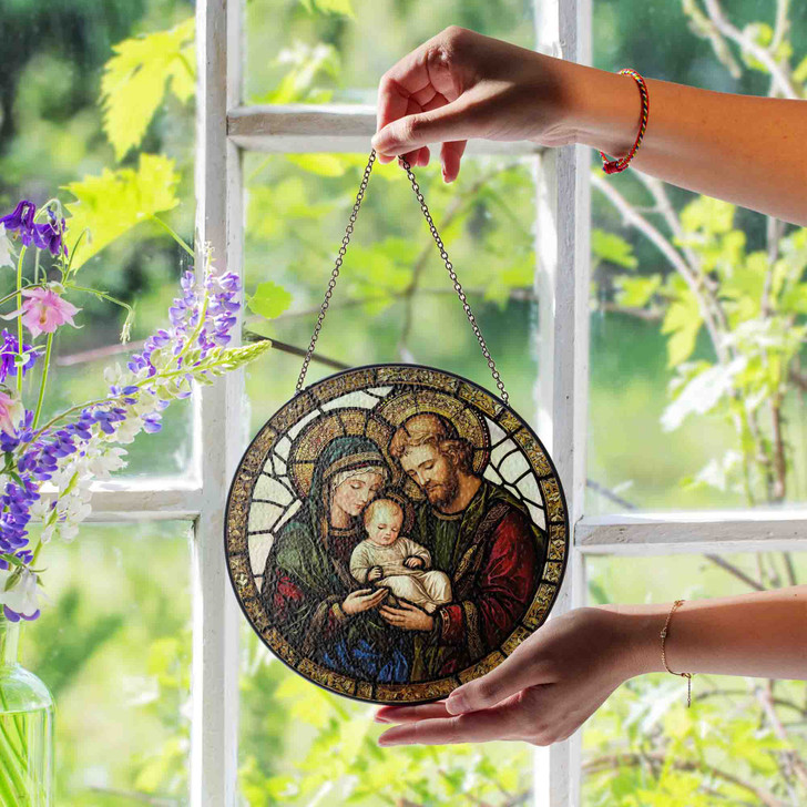 Holy Family Stained Glass Suncatcher Christian Window Hanging Religious Christmas Gift with Mary Joseph and Baby Jesus