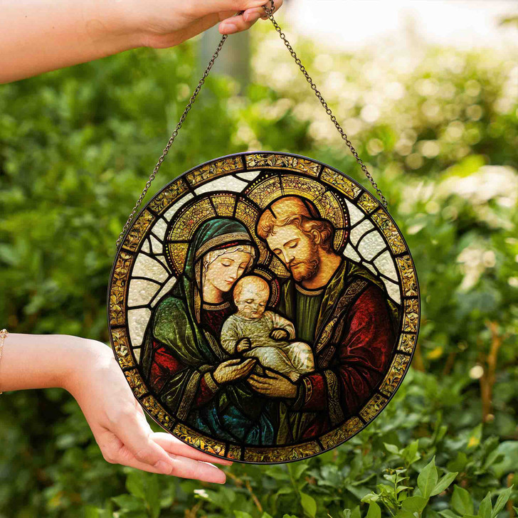 Holy Family Stained Glass Suncatcher Christian Window Hanging Religious Christmas Gift with Mary Joseph and Baby Jesus