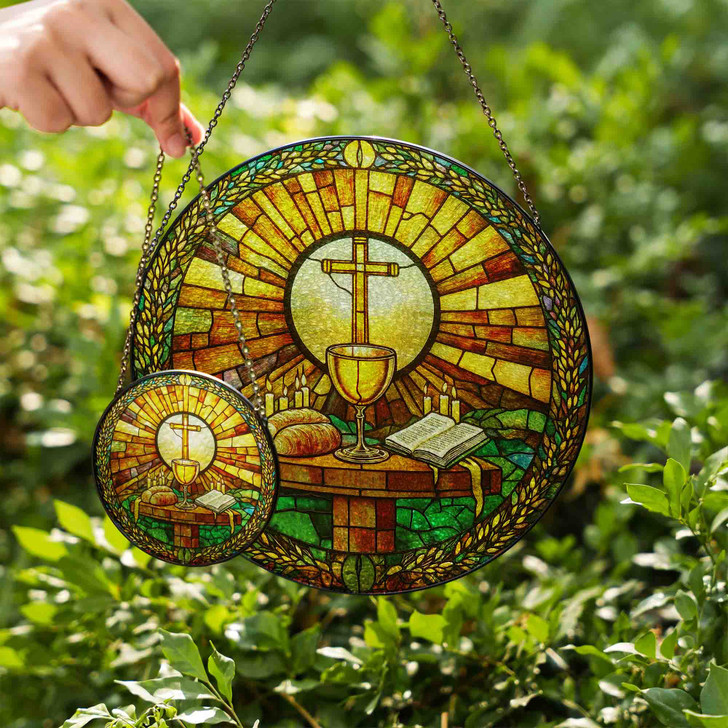 Communion Bread and Cup Stained Glass Suncatcher Christian Window Hanging Religious Gift with Cross and Bible