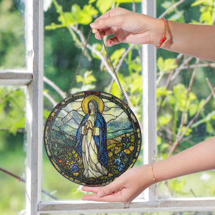 Virgin Mary Stained Glass Suncatcher Christian Window Hanging Religious Gift with Mountain and Flowers