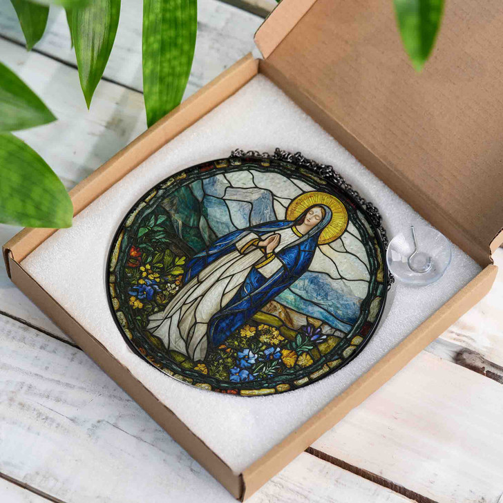 Virgin Mary Stained Glass Suncatcher Christian Window Hanging Religious Gift with Mountain and Flowers