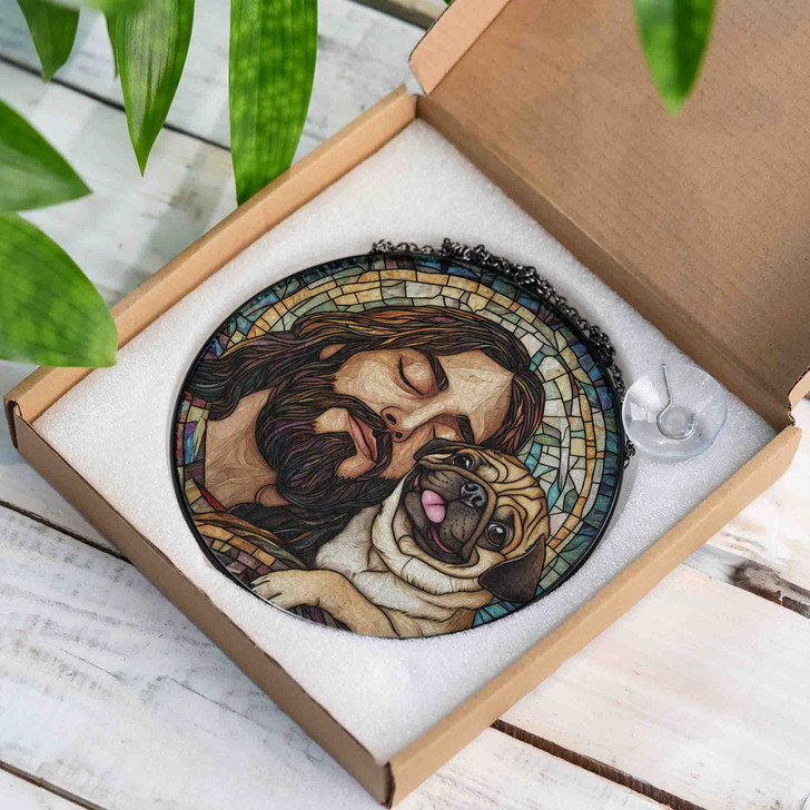 Jesus with Pug Dog Stained Glass Suncatcher Religious Window Hanging