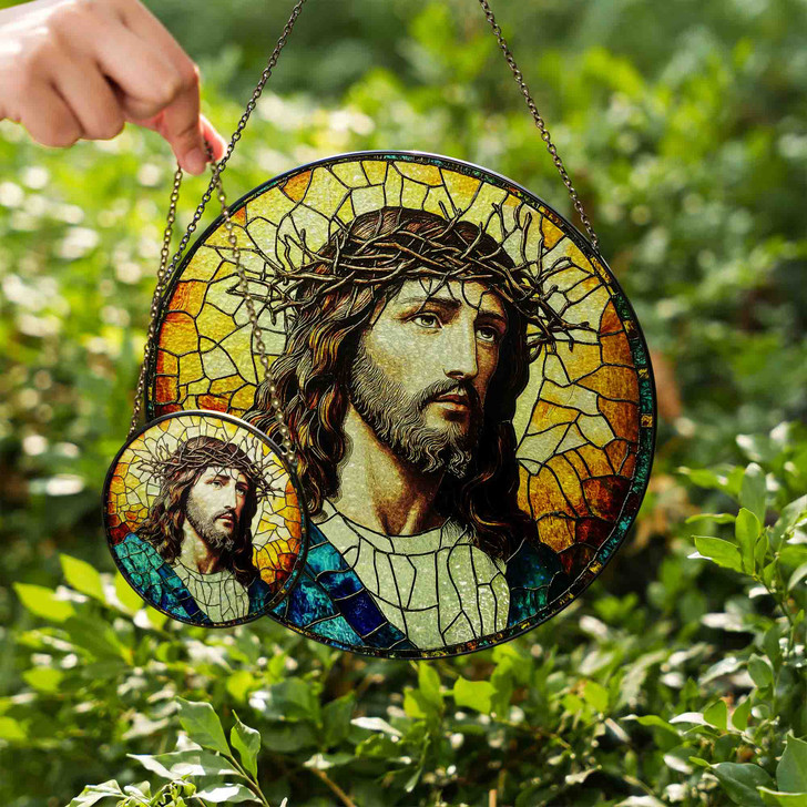 Jesus with Crown of Thorns Stained Glass Suncatcher Religious Window Hanging