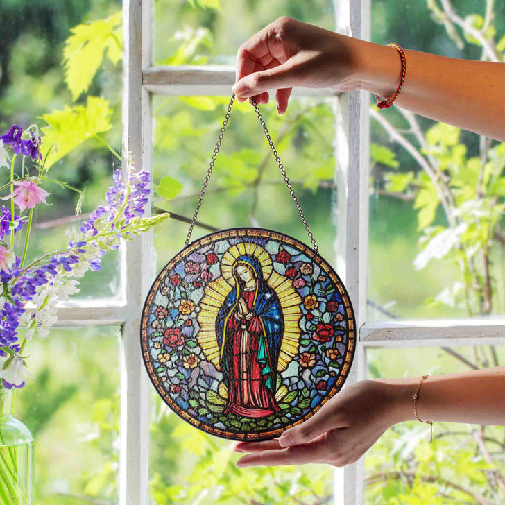 Virgin Mary Stained Glass Suncatcher with Floral Border Religious Window Hanging Decor