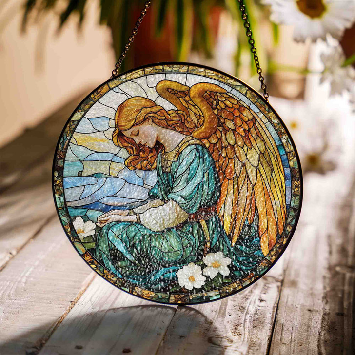 Angel Stained Glass Suncatcher with Golden Wings and White Flowers Religious Window Hanging Decor