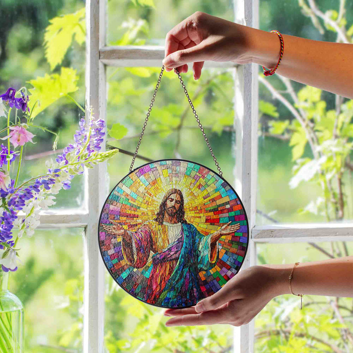Jesus Stained Glass Suncatcher with Colorful Mosaic and Radiant Light Religious Window Hanging Decor