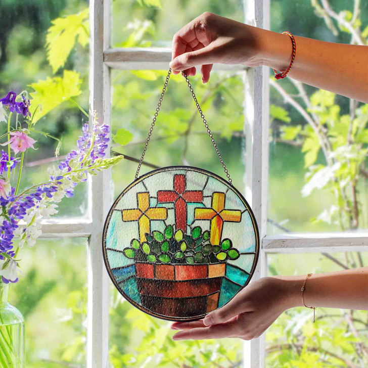 Crosses and Plant Pot Stained Glass Suncatcher Christian Window Hanging Decor