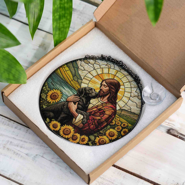 Jesus with Black Dog Stained Glass Suncatcher with Sunflowers Religious Window Hanging Decor