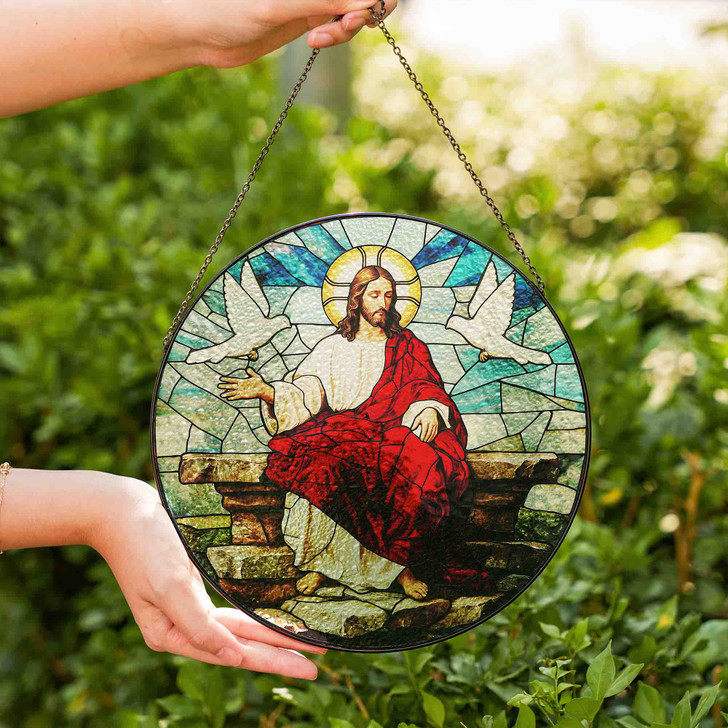 Jesus with White Doves Stained Glass Suncatcher Religious Window Hanging Decor