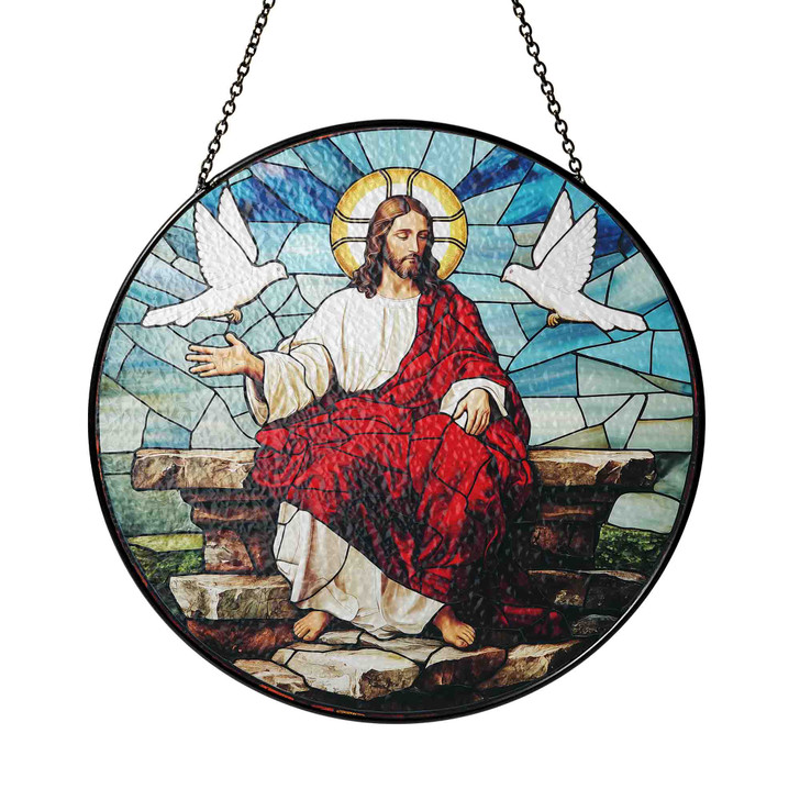 Jesus with White Doves Stained Glass Suncatcher Religious Window Hanging Decor