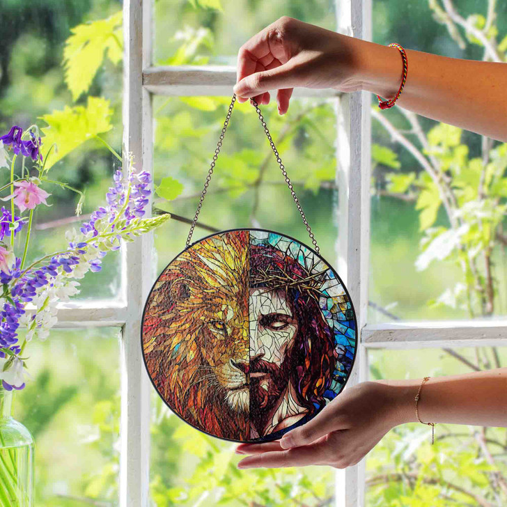 Jesus and Lion Stained Glass Suncatcher with Crown of Thorns Religious Window Hanging Decor