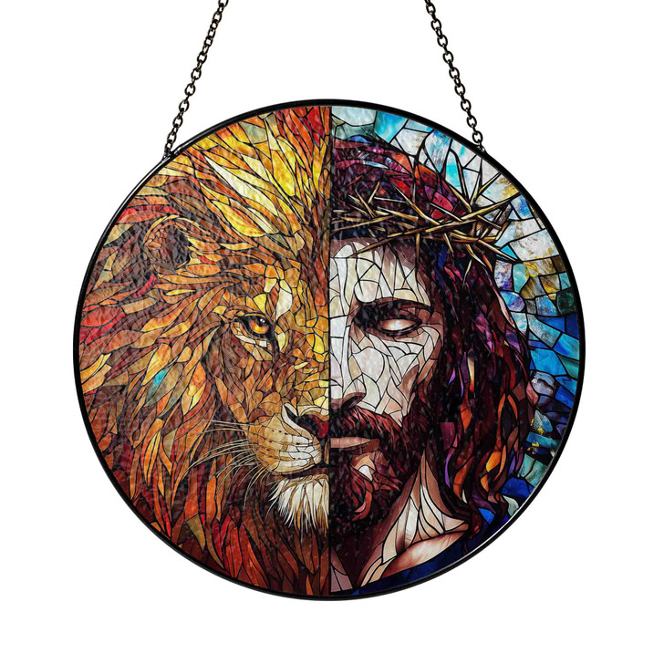 Jesus and Lion Stained Glass Suncatcher with Crown of Thorns Religious Window Hanging Decor