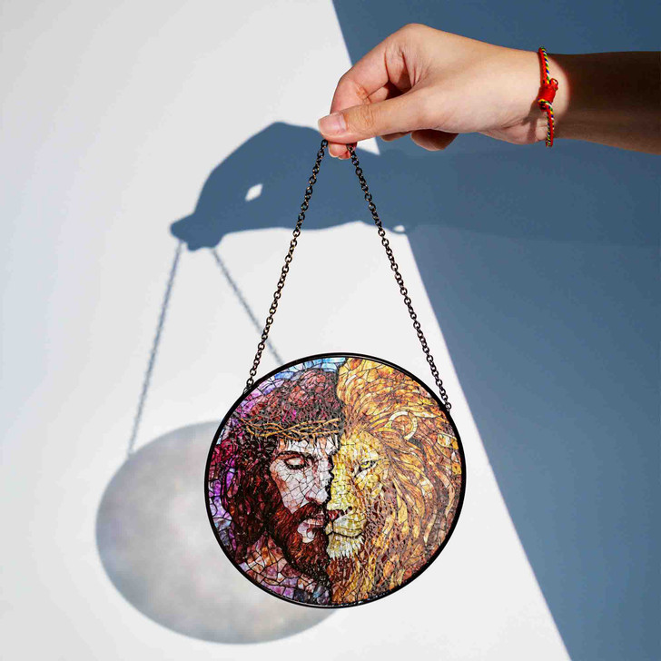 Jesus with Lion Stained Glass Suncatcher with Crown of Thorns Religious Window Hanging Decor