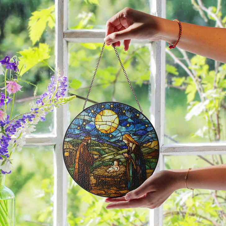 Nativity Scene Stained Glass Suncatcher with Holy Family and Starry Night Religious Window Hanging Decor