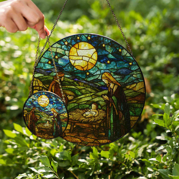 Nativity Scene Stained Glass Suncatcher with Holy Family and Starry Night Religious Window Hanging Decor