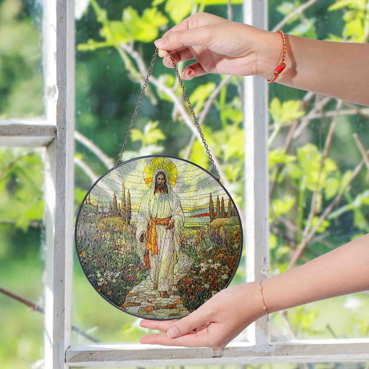 Jesus Walking in Garden Stained Glass Suncatcher Religious Window Hanging Decor