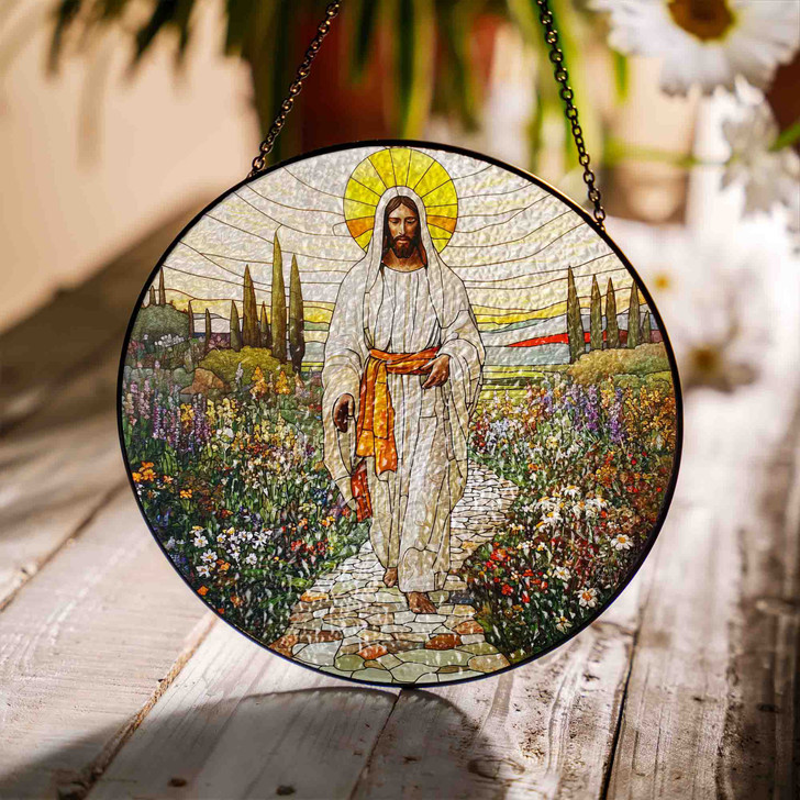 Jesus Walking in Garden Stained Glass Suncatcher Religious Window Hanging Decor