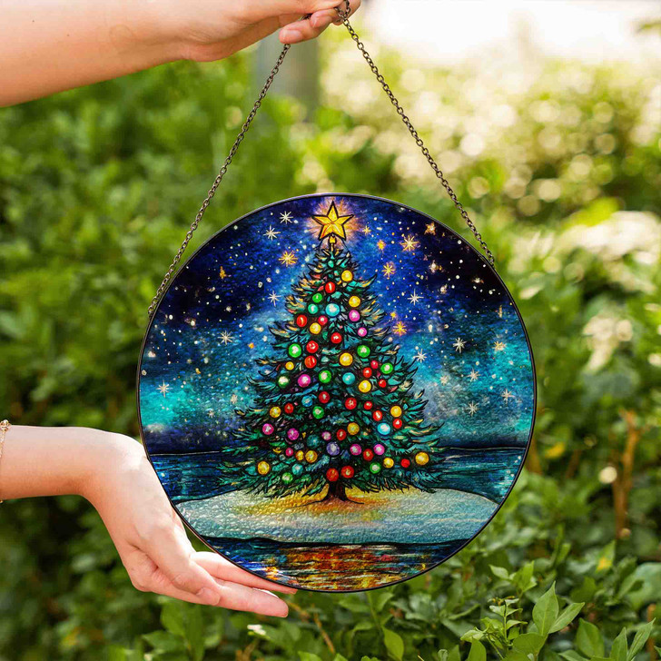 Christmas Tree Stained Glass Suncatcher with Starry Night Sky Holiday Window Hanging Decor