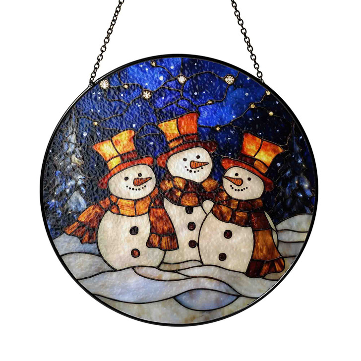 Snowman Family Stained Glass Suncatcher with Winter Night Sky Holiday Window Hanging Decor