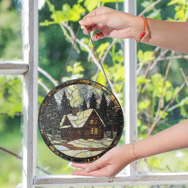 Winter Cabin Stained Glass Suncatcher with Snowy Forest Holiday Window Hanging Decor