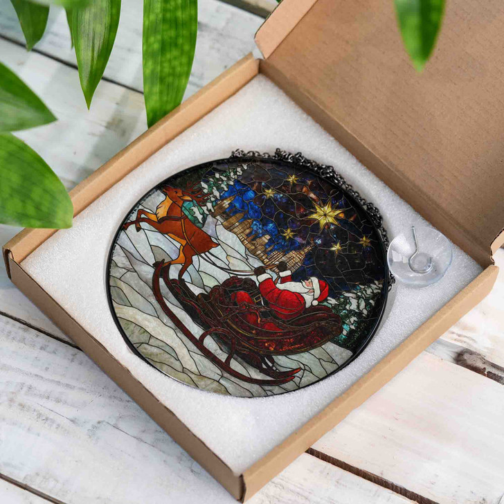 Santa Sleigh Stained Glass Suncatcher with Reindeer and Starry Night Holiday Window Hanging Decor