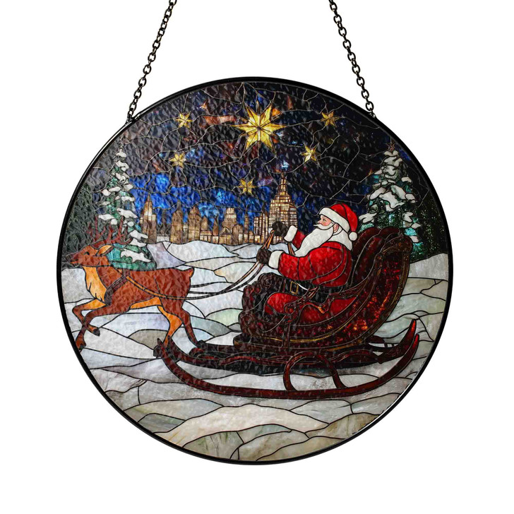 Santa Sleigh Stained Glass Suncatcher with Reindeer and Starry Night Holiday Window Hanging Decor