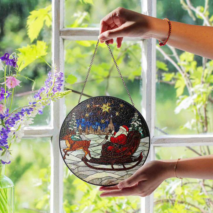 Santa Sleigh Stained Glass Suncatcher with Reindeer and Starry Night Holiday Window Hanging Decor