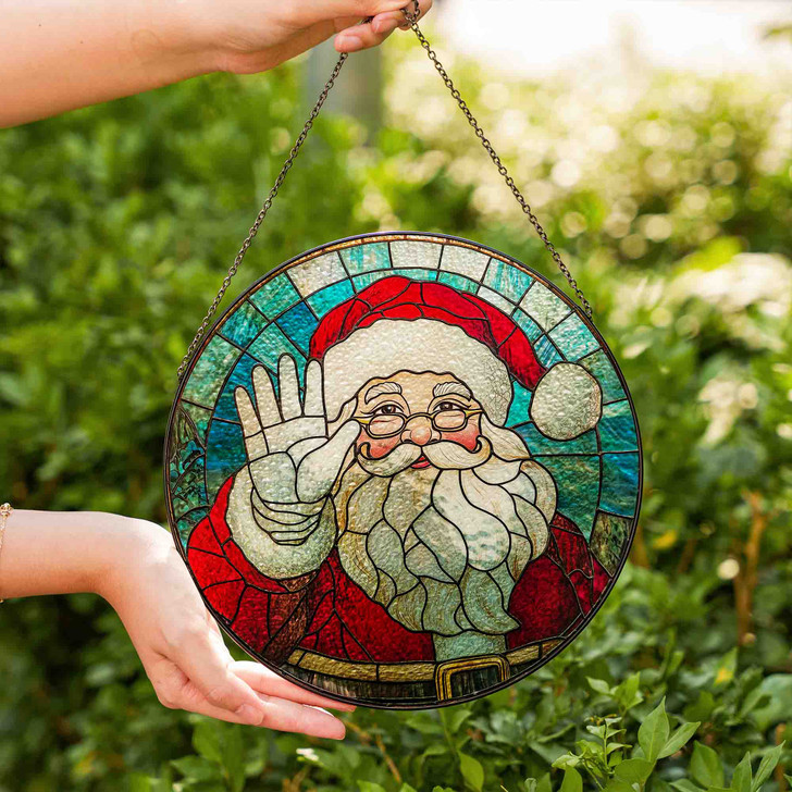 Santa Claus Stained Glass Suncatcher with Red Suit and White Beard Holiday Window Hanging Decor