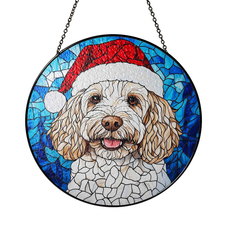Dog Stained Glass Suncatcher with Santa Hat Holiday Window Hanging Decor