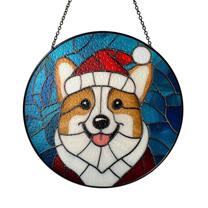 Corgi Dog Stained Glass Suncatcher with Santa Hat Holiday Window Hanging Decor