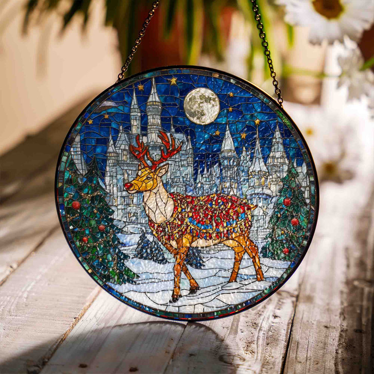 Reindeer Stained Glass Suncatcher with Moonlit Winter Castle Holiday Window Hanging Decor
