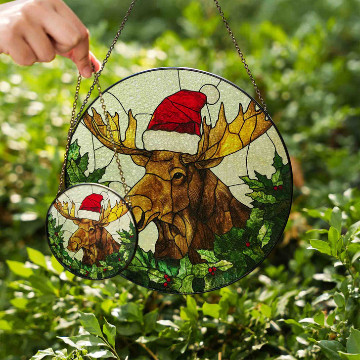 Moose Stained Glass Suncatcher with Santa Hat and Holly Holiday Window Hanging Decor