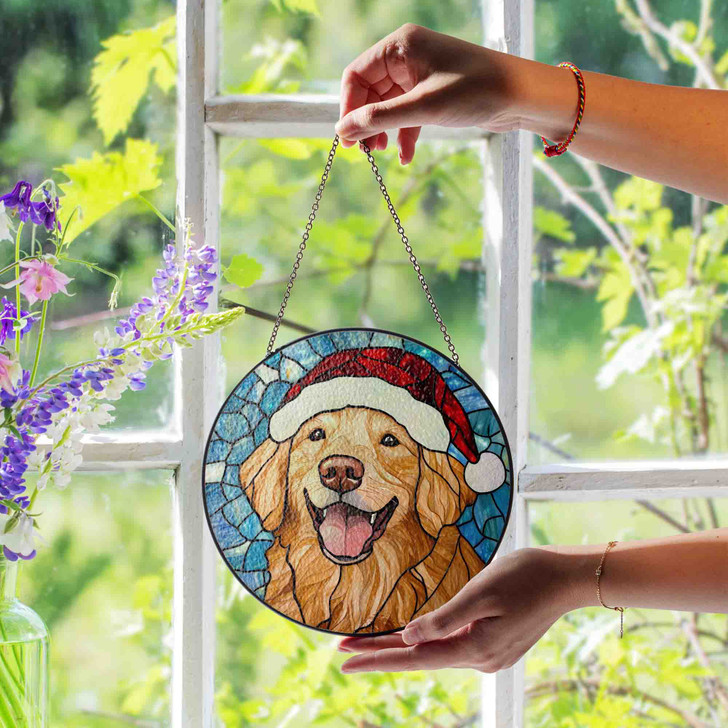 Golden Retriever Stained Glass Suncatcher with Santa Hat – Christmas Dog Window Hanging Decor