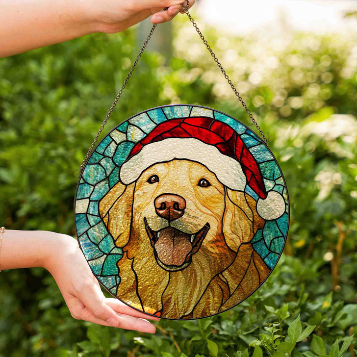 Golden Retriever Stained Glass Suncatcher with Santa Hat – Christmas Dog Window Hanging Decor