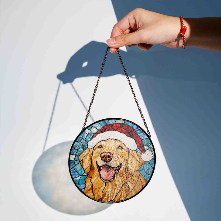 Golden Retriever Stained Glass Suncatcher with Santa Hat – Christmas Dog Window Hanging Decor